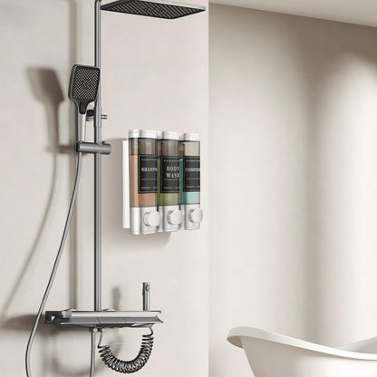 Shampoo and Conditioner Dispenser Shower Dispenser Body Wash Wall Mounted Shampoo Dispenser for Shower Wall No Drill for Bathroom Hotel 2 Chamber x 300ml Black with Waterproof Labels