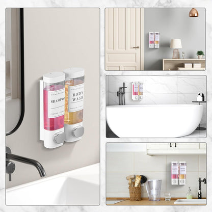 Shampoo and Conditioner Dispenser Shower Dispenser Body Wash Wall Mounted Shampoo Dispenser for Shower Wall No Drill for Bathroom Hotel 2 Chamber x 300ml Black with Waterproof Labels