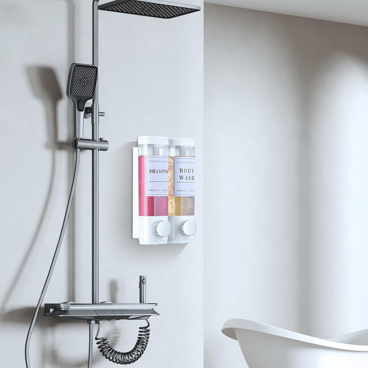 Shampoo and Conditioner Dispenser Shower Dispenser Body Wash Wall Mounted Shampoo Dispenser for Shower Wall No Drill for Bathroom Hotel 2 Chamber x 300ml Black with Waterproof Labels