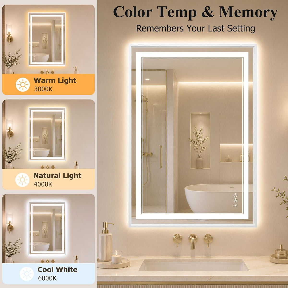 30"x48" LED Bathroom Mirror with Lights, Backlit + Front Lit, Anti-Fog