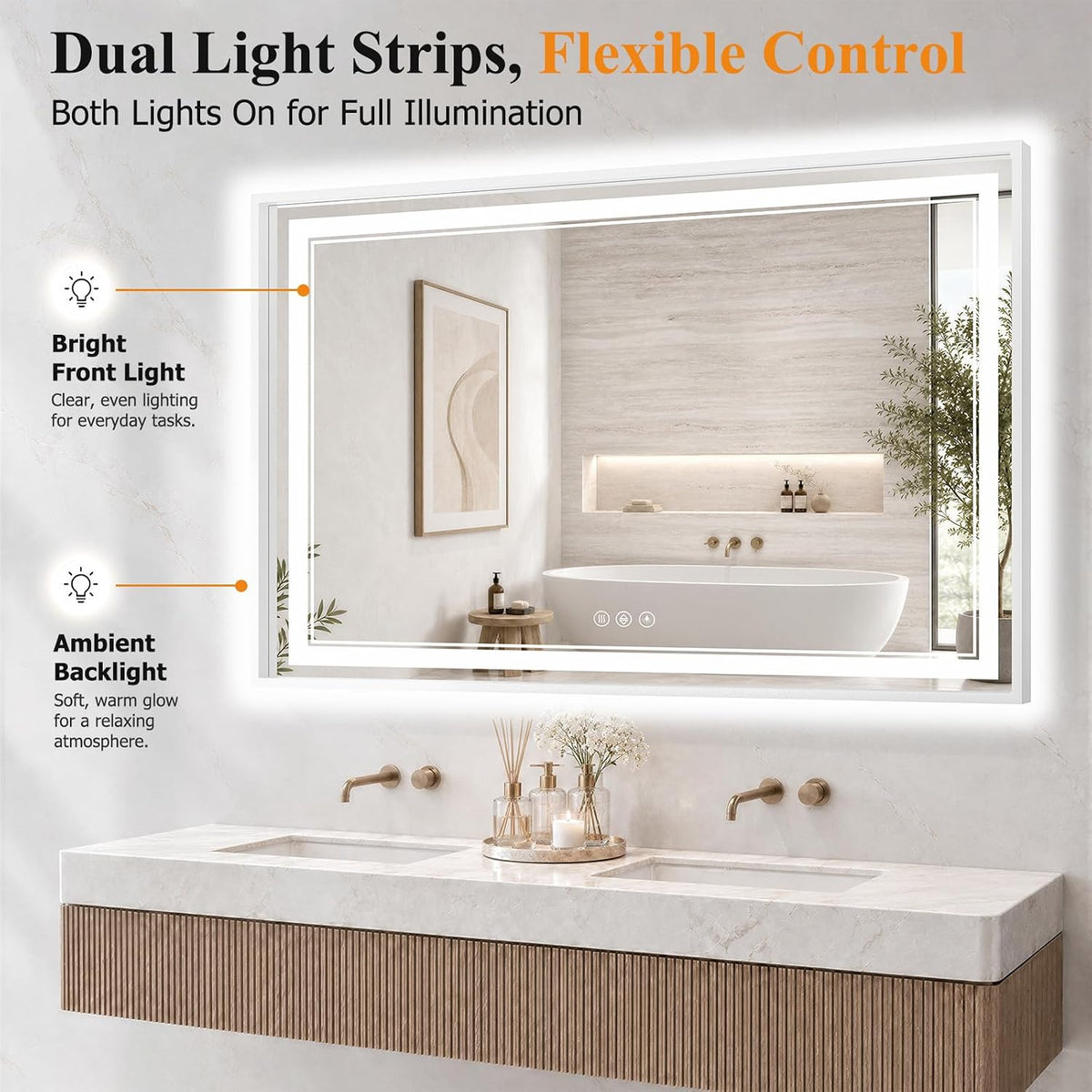 30"x48" LED Bathroom Mirror with Lights, Backlit + Front Lit, Anti-Fog