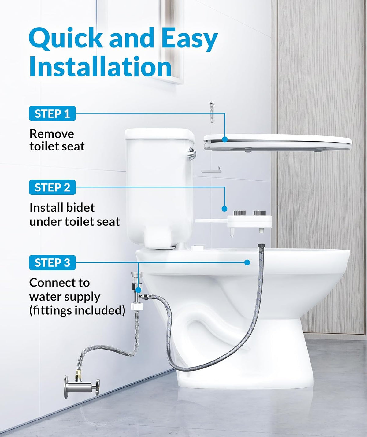 Bidet Attachment for Toilet Seat - Non-Electric with Self Cleaning Dual Nozzles, Leak Proof Connectors, Adjustable Water Spray, Rear & Feminine Wash - Hygienic Bathroom Upgrades