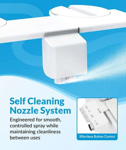 Bidet Attachment for Toilet Seat - Non-Electric with Self Cleaning Dual Nozzles, Leak Proof Connectors, Adjustable Water Spray, Rear & Feminine Wash - Hygienic Bathroom Upgrades