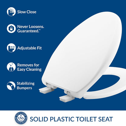 Aurora Slow Close Toilet Seat, Easy Clean Hinges and Adjustable Perfect Fit Plastic Seat, Made in USA, Elongated, White