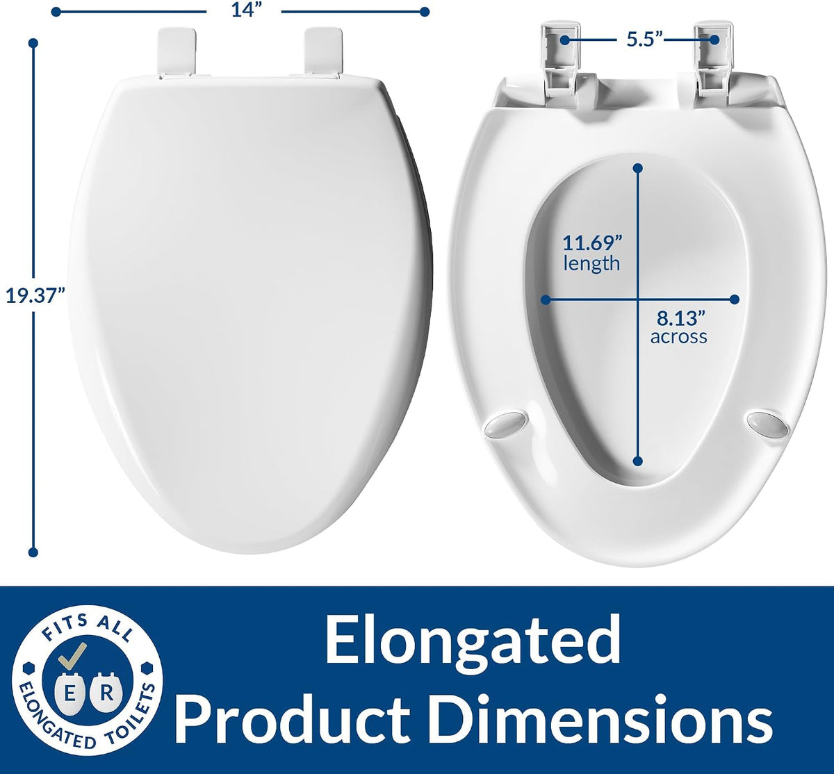 Aurora Slow Close Toilet Seat, Easy Clean Hinges and Adjustable Perfect Fit Plastic Seat, Made in USA, Elongated, White