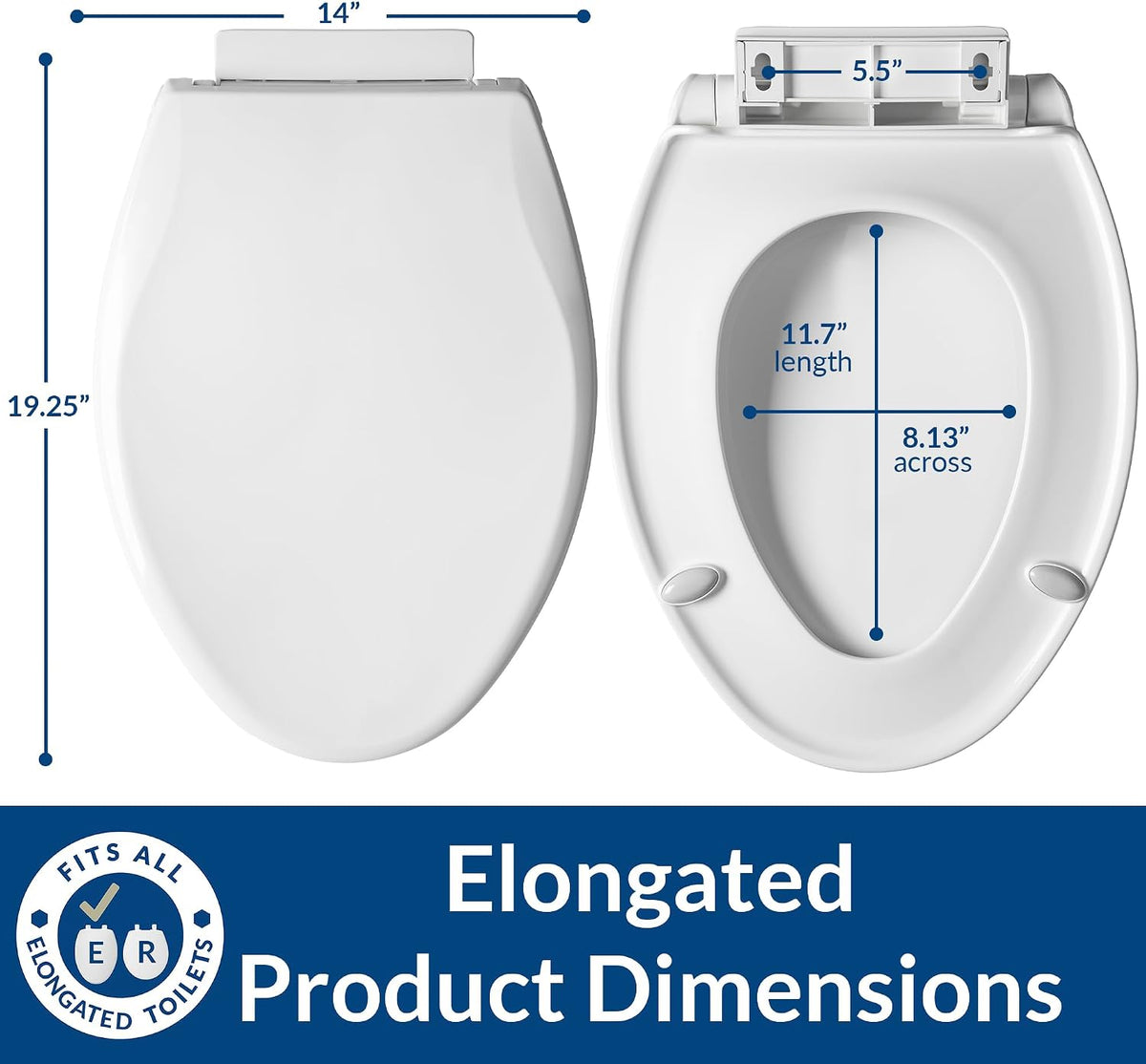 Aurora Slow Close Toilet Seat, Easy Clean Hinges and Adjustable Perfect Fit Plastic Seat, Made in USA, Elongated, White