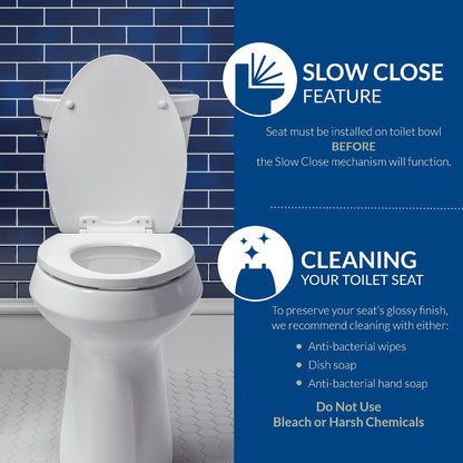 Aurora Slow Close Toilet Seat, Easy Clean Hinges and Adjustable Perfect Fit Plastic Seat, Made in USA, Elongated, White