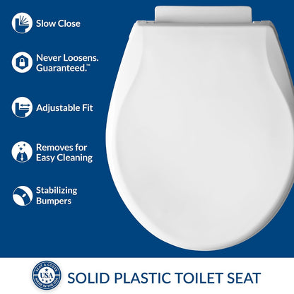 Aurora Slow Close Toilet Seat, Easy Clean Hinges and Adjustable Perfect Fit Plastic Seat, Made in USA, Elongated, White