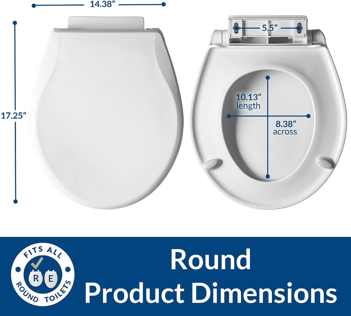 Aurora Slow Close Toilet Seat, Easy Clean Hinges and Adjustable Perfect Fit Plastic Seat, Made in USA, Elongated, White