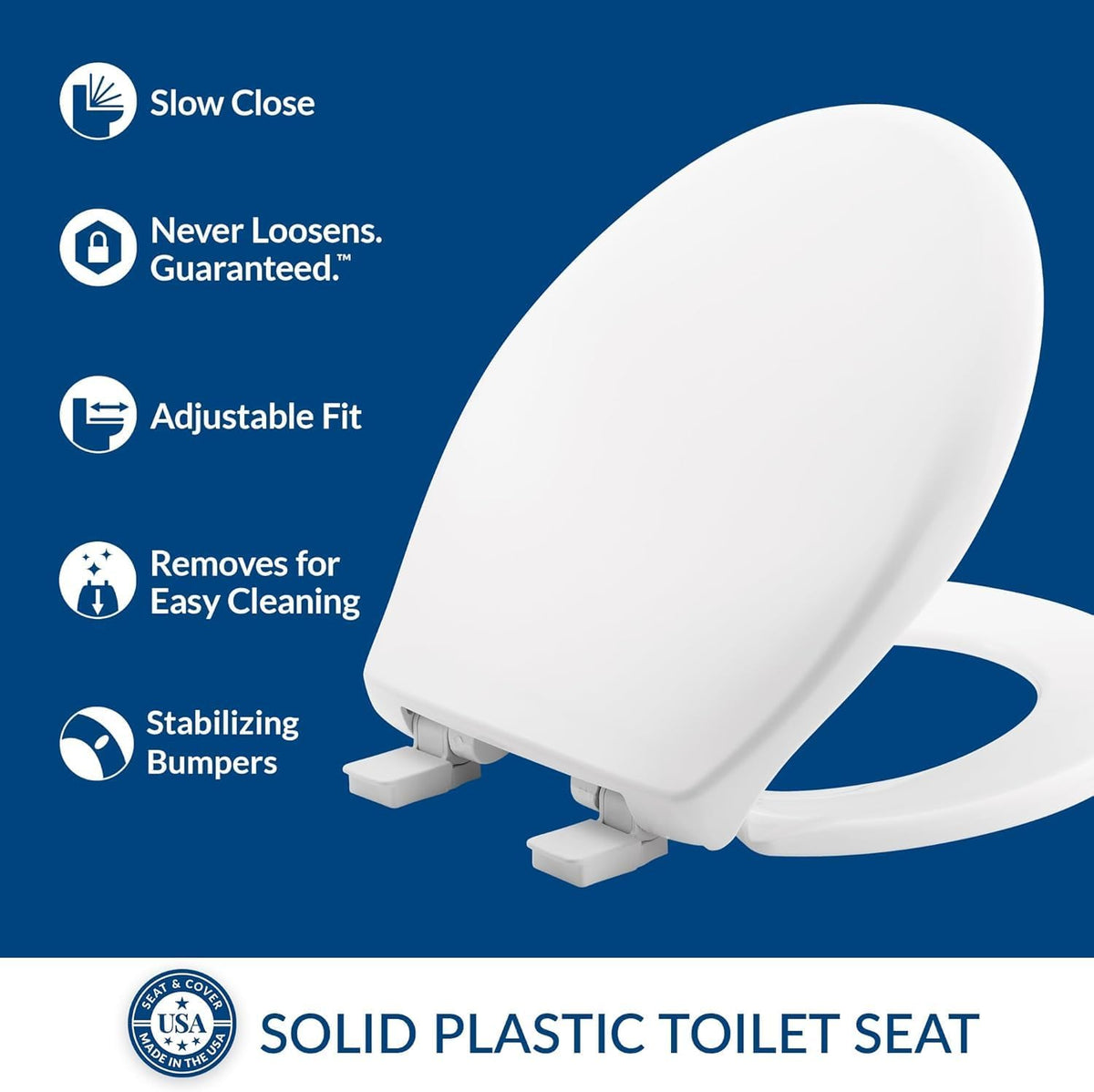 Aurora Slow Close Toilet Seat, Easy Clean Hinges and Adjustable Perfect Fit Plastic Seat, Made in USA, Elongated, White