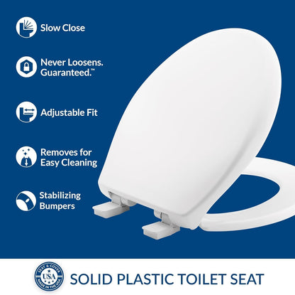 Aurora Slow Close Toilet Seat, Easy Clean Hinges and Adjustable Perfect Fit Plastic Seat, Made in USA, Elongated, White