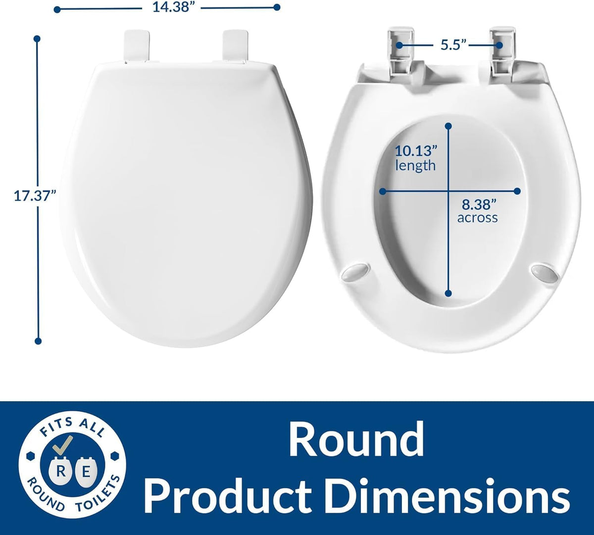 Aurora Slow Close Toilet Seat, Easy Clean Hinges and Adjustable Perfect Fit Plastic Seat, Made in USA, Elongated, White