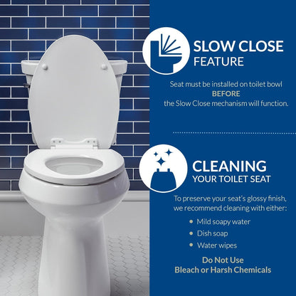 Aurora Slow Close Toilet Seat, Easy Clean Hinges and Adjustable Perfect Fit Plastic Seat, Made in USA, Elongated, White