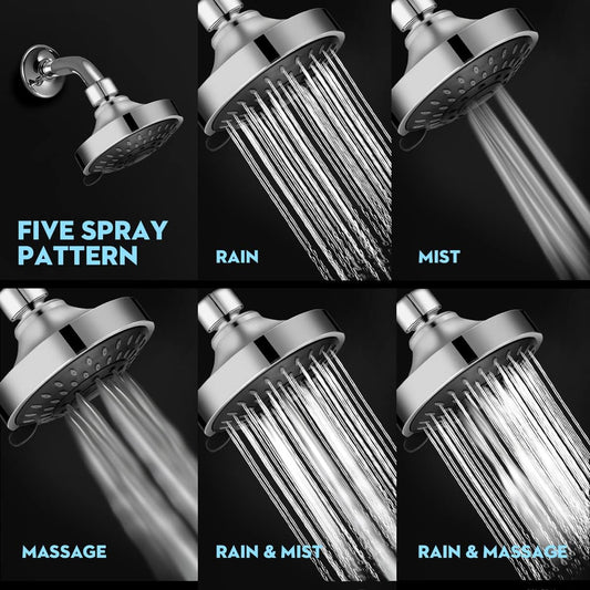 High Pressure Shower Head 5 Settings Fixed Showerhead 4 Inch High Flow Bathroom Showerhead with Adjustable Brass Ball Joint for Luxury Shower Experience Even at Low Water Pressure