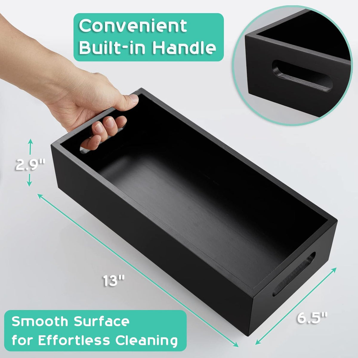 Black Bathroom Basket - Wooden Toilet Tank Paper Basket with Handle for Organizing - Back of Toilet Storage Organizer for Bathroom Tank Topper Counter - Black Bathroom Decor Box