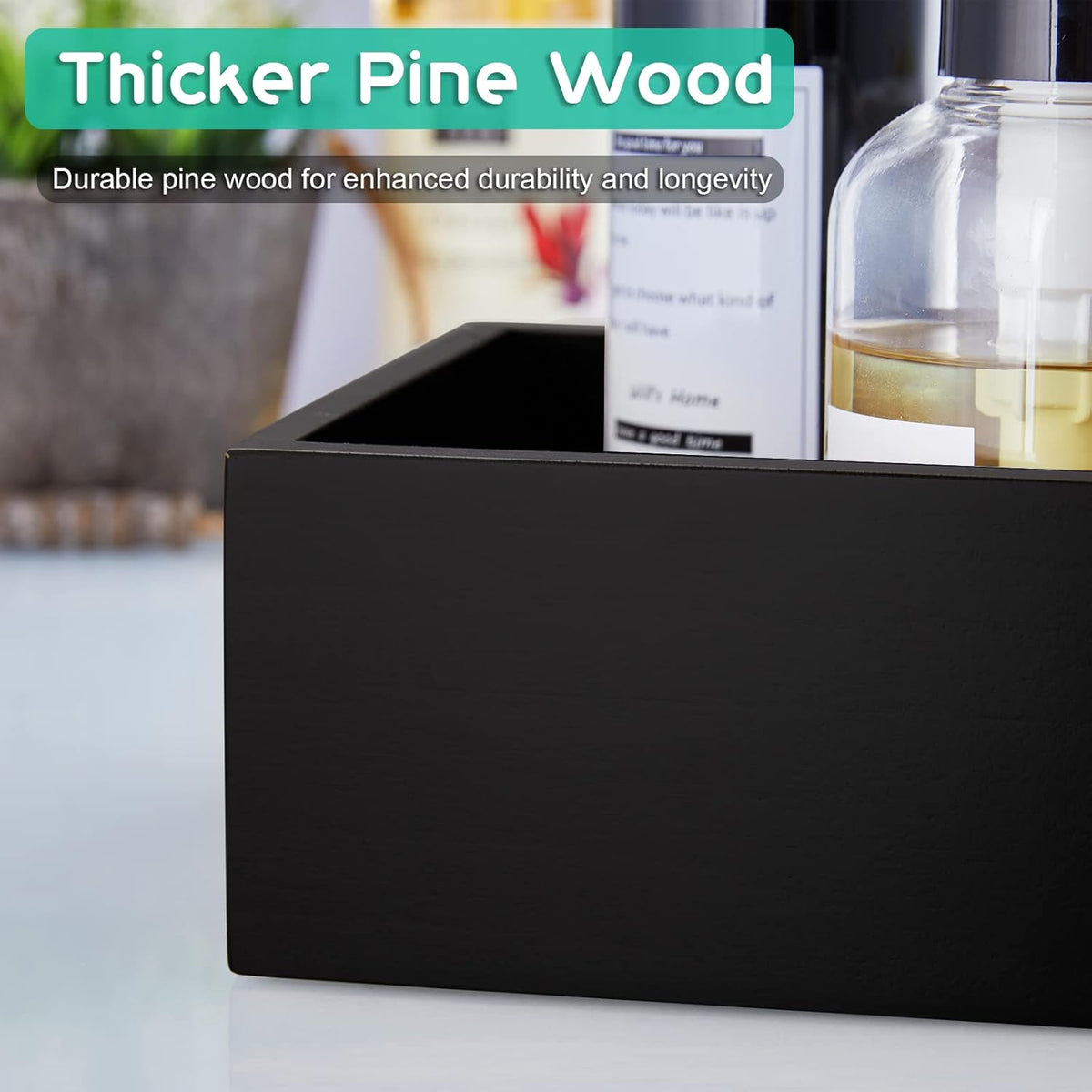 Black Bathroom Basket - Wooden Toilet Tank Paper Basket with Handle for Organizing - Back of Toilet Storage Organizer for Bathroom Tank Topper Counter - Black Bathroom Decor Box