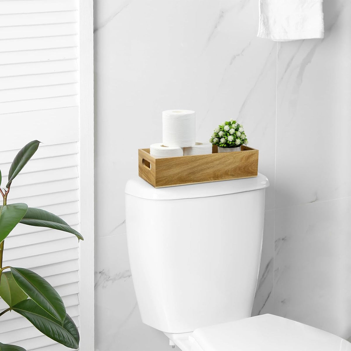Black Bathroom Basket - Wooden Toilet Tank Paper Basket with Handle for Organizing - Back of Toilet Storage Organizer for Bathroom Tank Topper Counter - Black Bathroom Decor Box