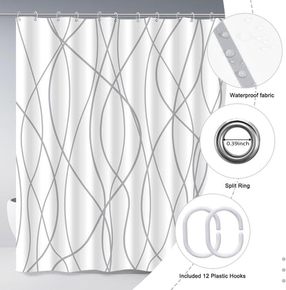 Striped Shower Curtain for Bathroom, Grey White, 72" W x 72" L