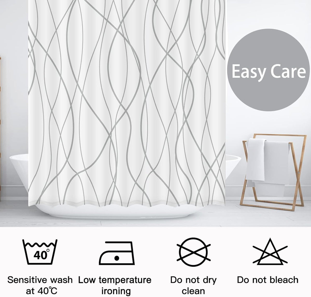Striped Shower Curtain for Bathroom, Grey White, 72" W x 72" L