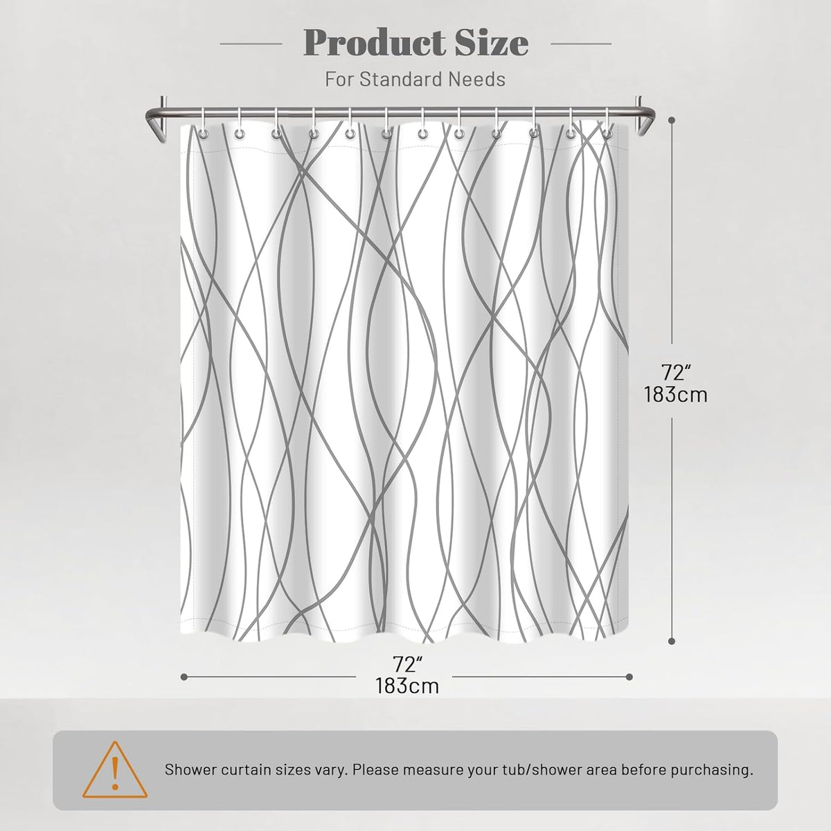 Striped Shower Curtain for Bathroom, Grey White, 72" W x 72" L