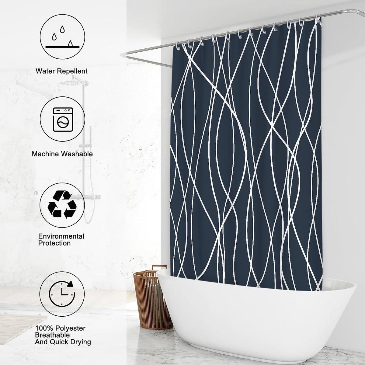 Striped Shower Curtain for Bathroom, Grey White, 72" W x 72" L