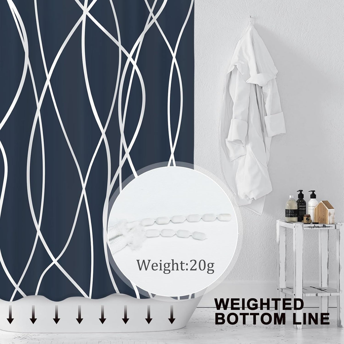 Striped Shower Curtain for Bathroom, Grey White, 72" W x 72" L