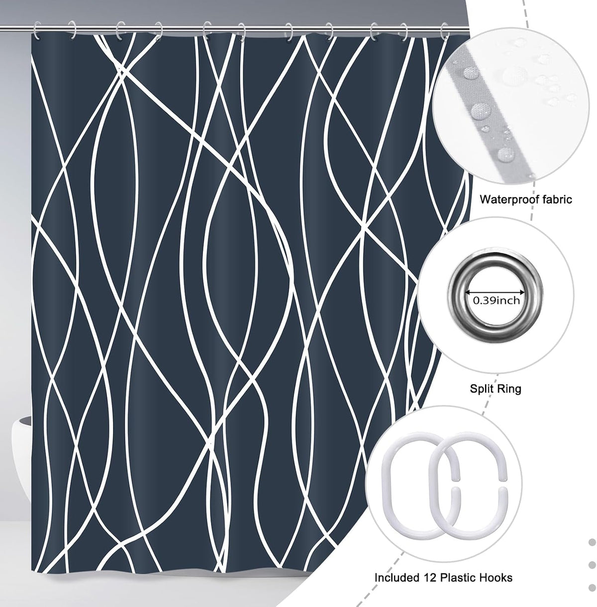 Striped Shower Curtain for Bathroom, Grey White, 72" W x 72" L