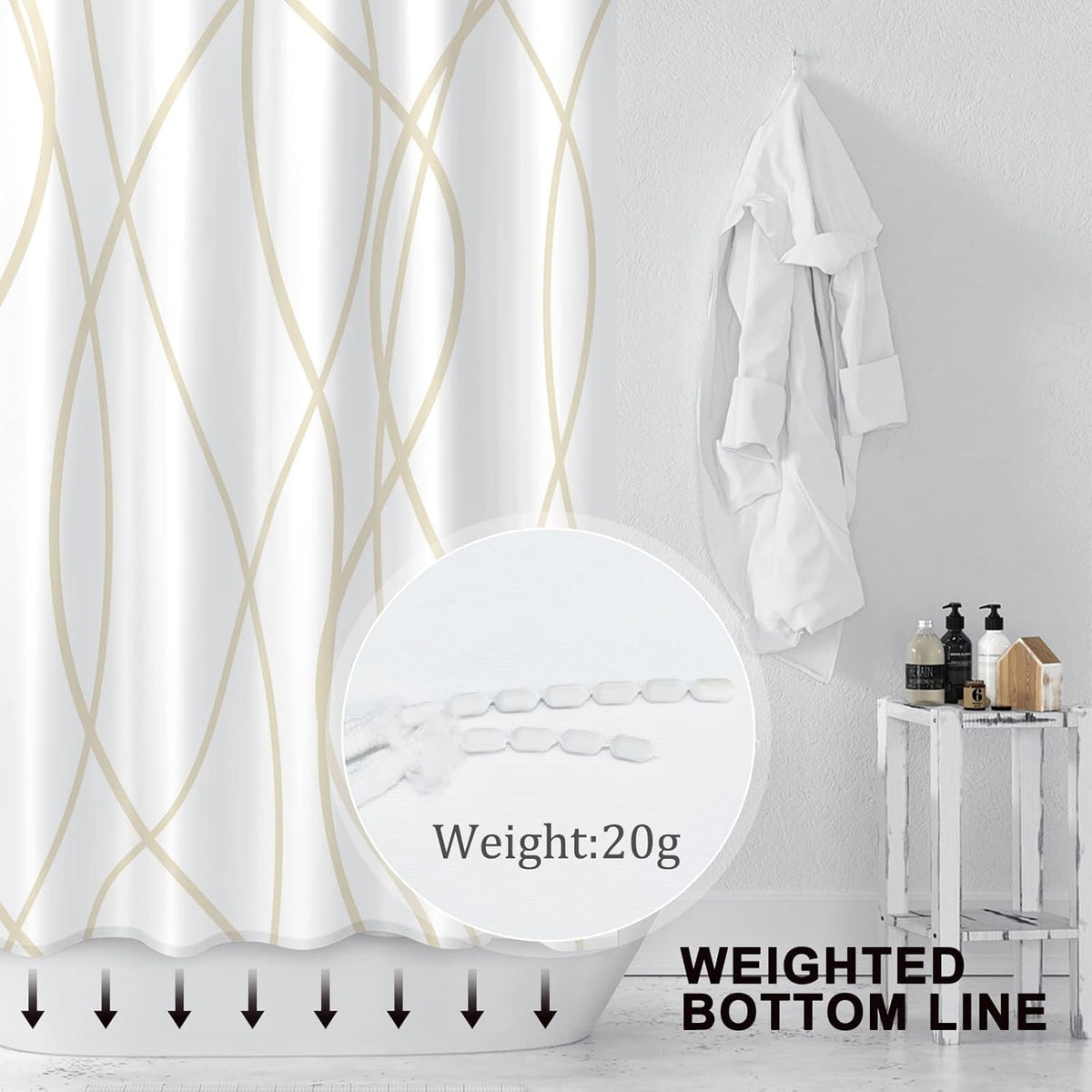 Striped Shower Curtain for Bathroom, Grey White, 72" W x 72" L