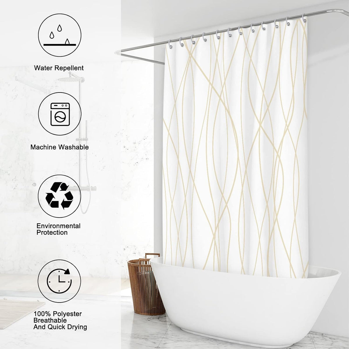 Striped Shower Curtain for Bathroom, Grey White, 72" W x 72" L