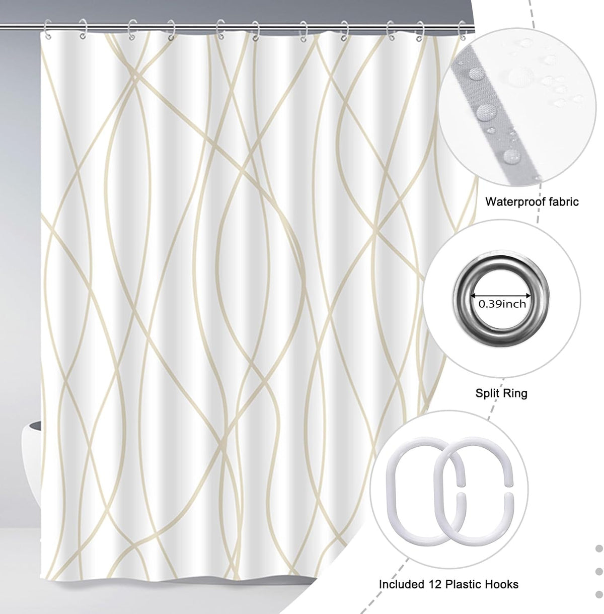 Striped Shower Curtain for Bathroom, Grey White, 72" W x 72" L
