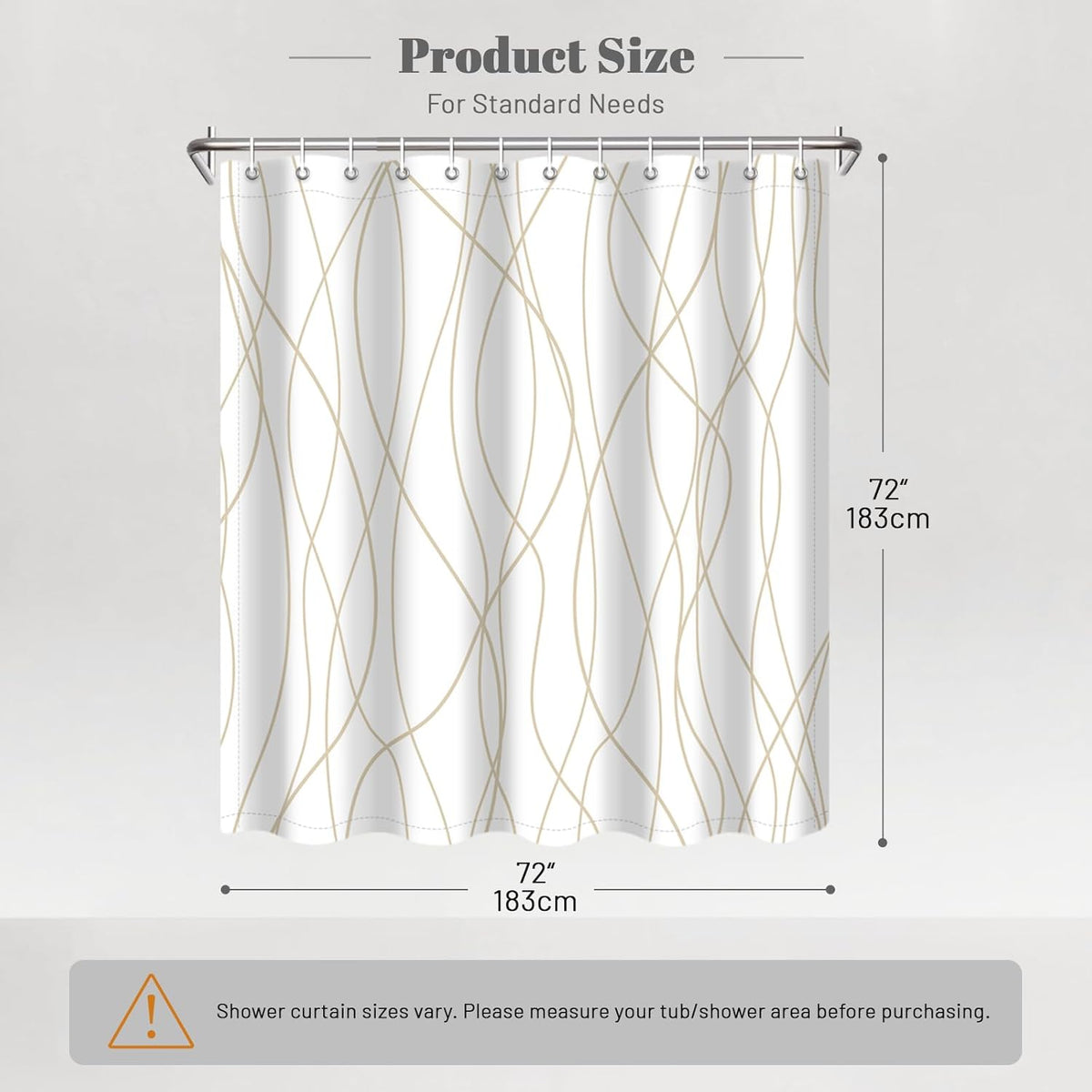 Striped Shower Curtain for Bathroom, Grey White, 72" W x 72" L