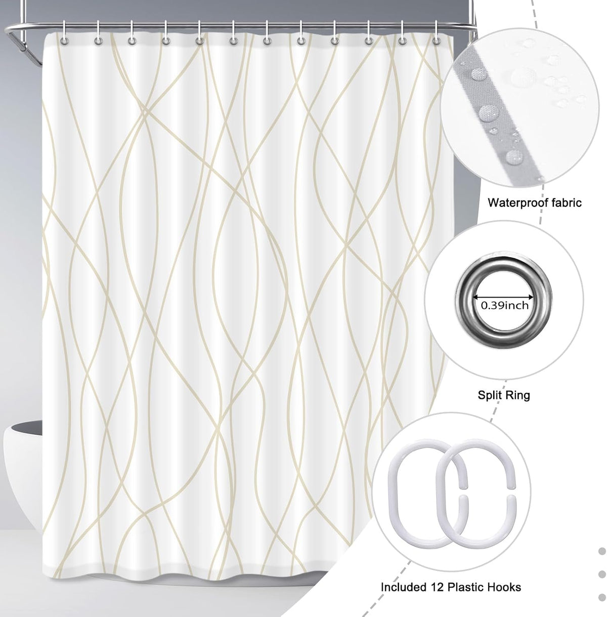 Striped Shower Curtain for Bathroom, Grey White, 72" W x 72" L