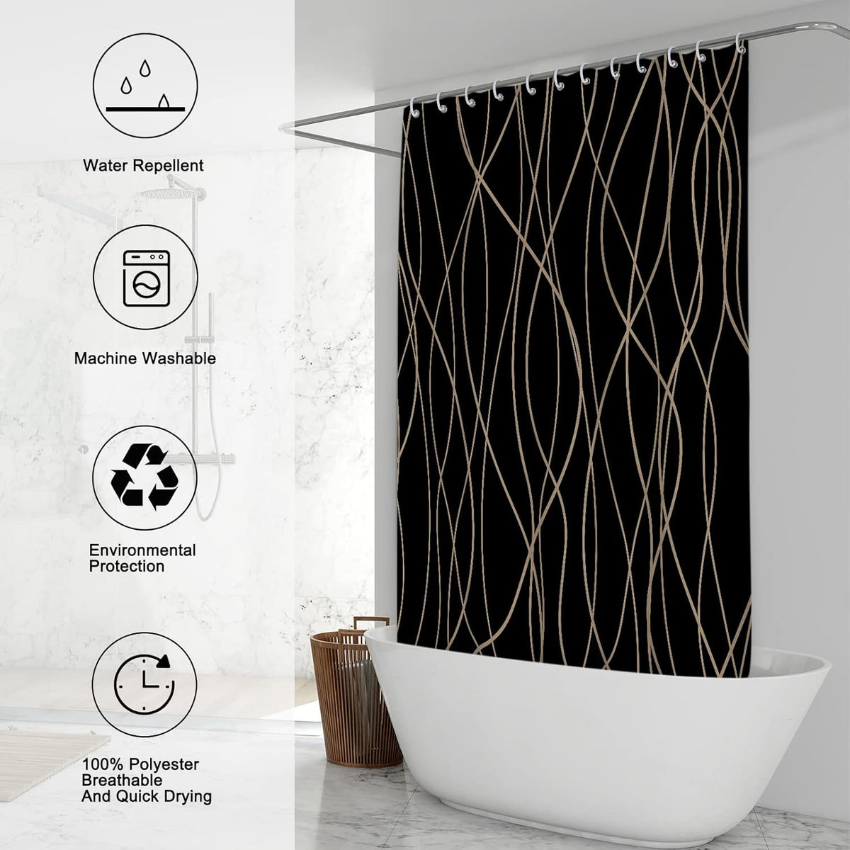Striped Shower Curtain for Bathroom, Grey White, 72" W x 72" L