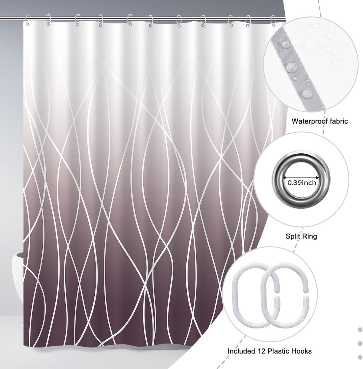 Striped Shower Curtain for Bathroom, Grey White, 72" W x 72" L