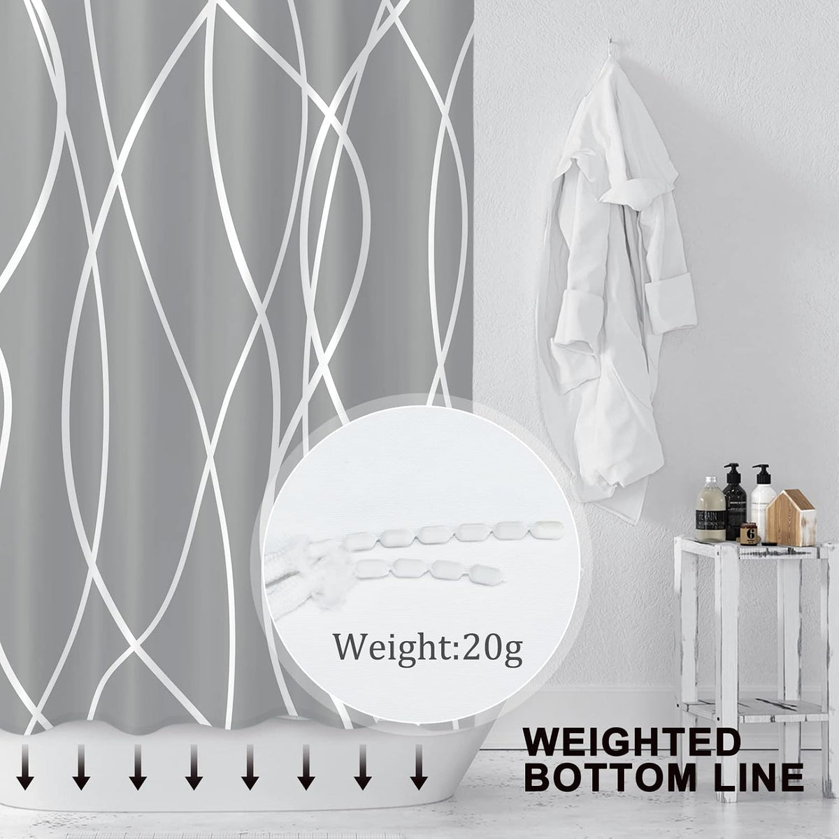 Striped Shower Curtain for Bathroom, Grey White, 72" W x 72" L
