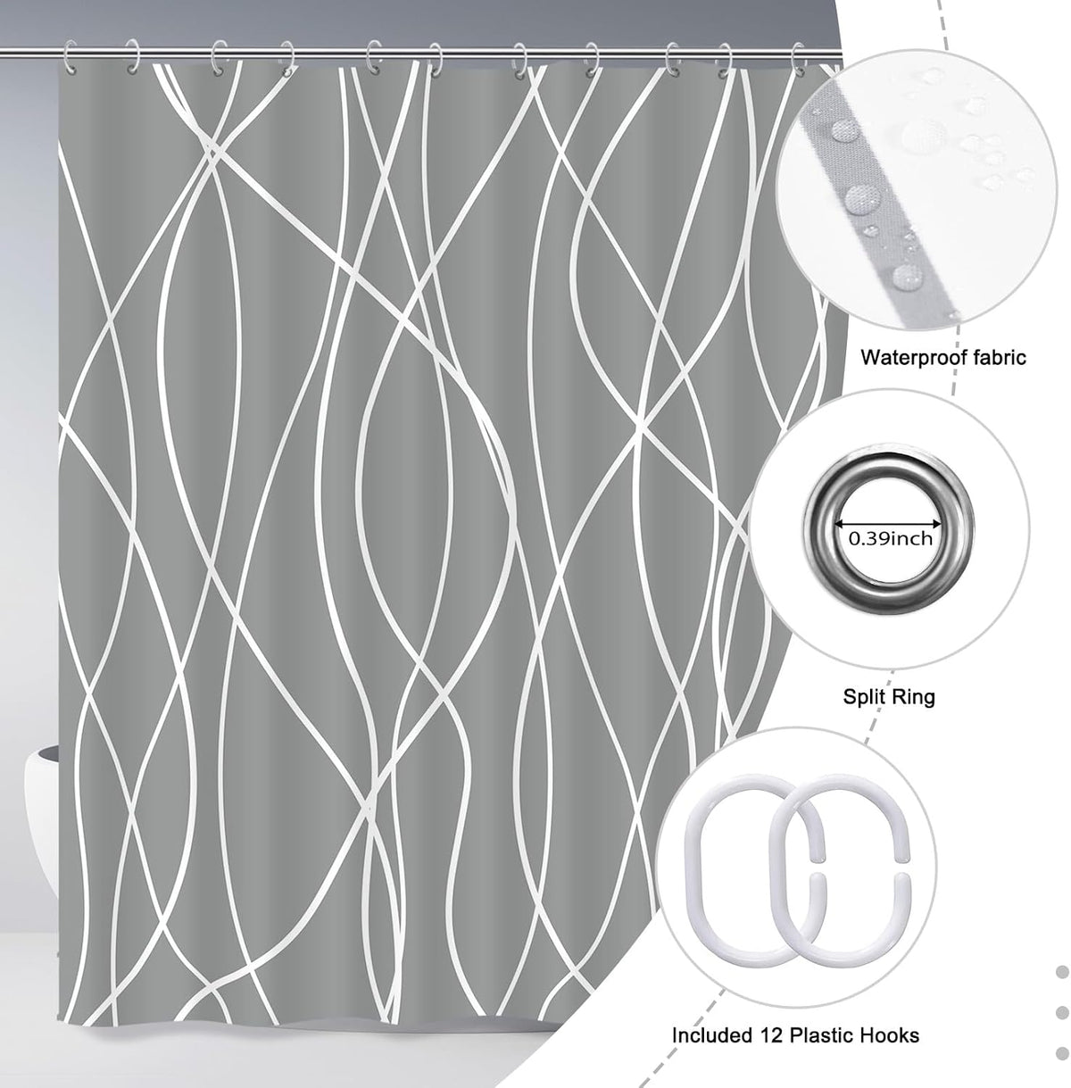 Striped Shower Curtain for Bathroom, Grey White, 72" W x 72" L