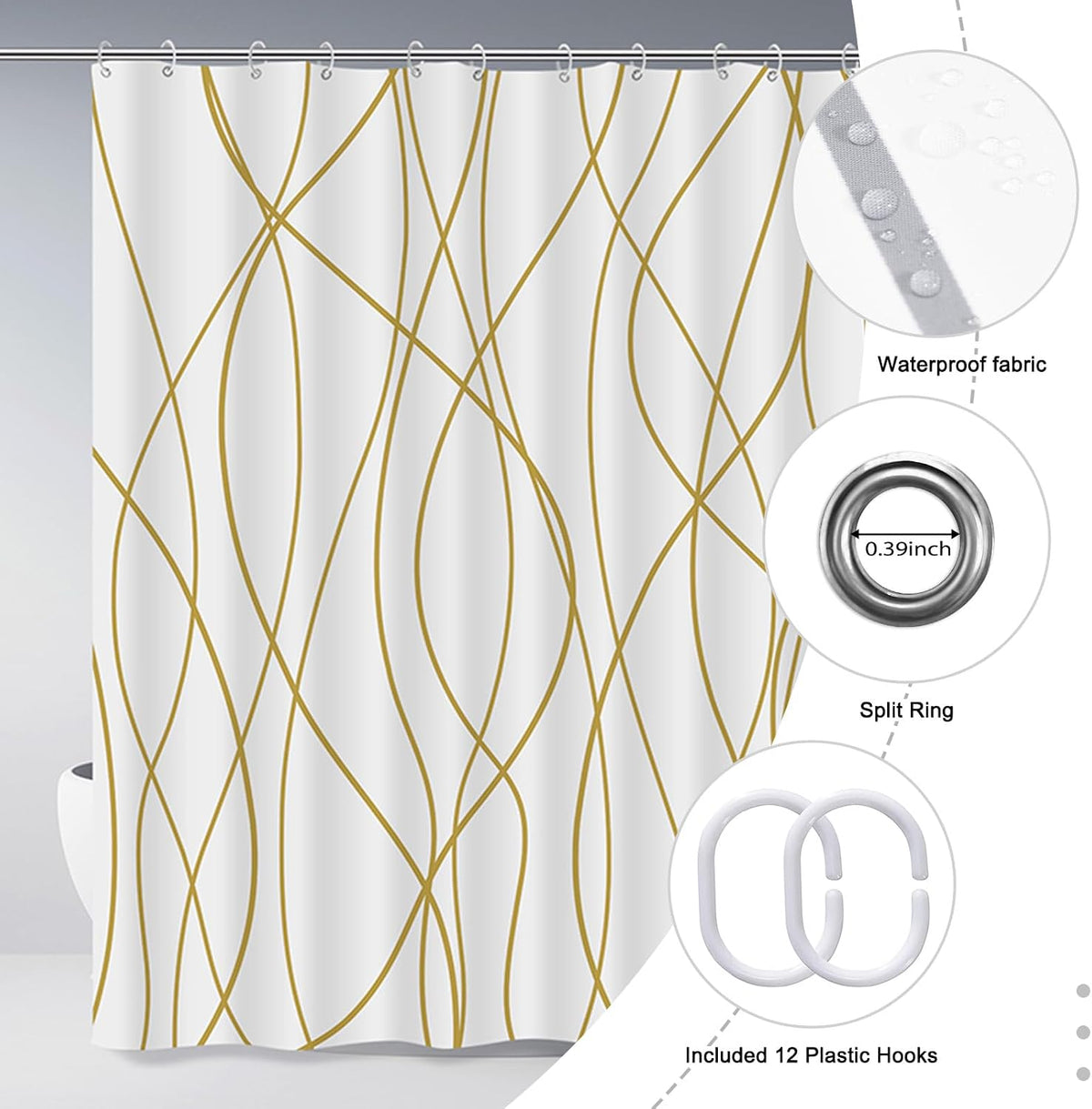 Striped Shower Curtain for Bathroom, Grey White, 72" W x 72" L