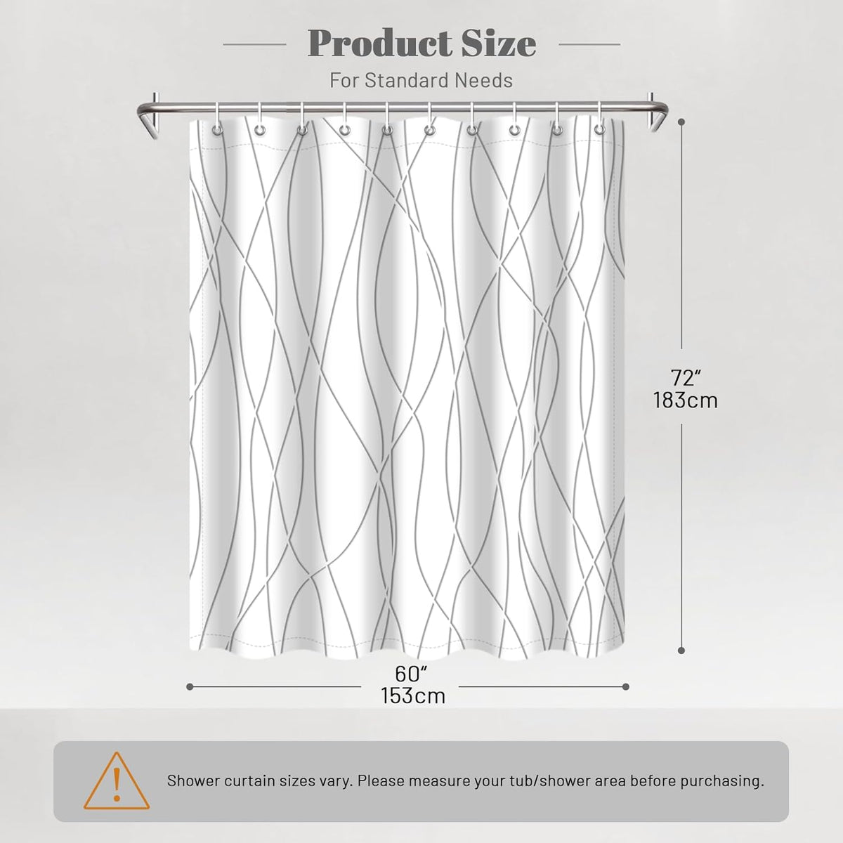 Striped Shower Curtain for Bathroom, Grey White, 72" W x 72" L