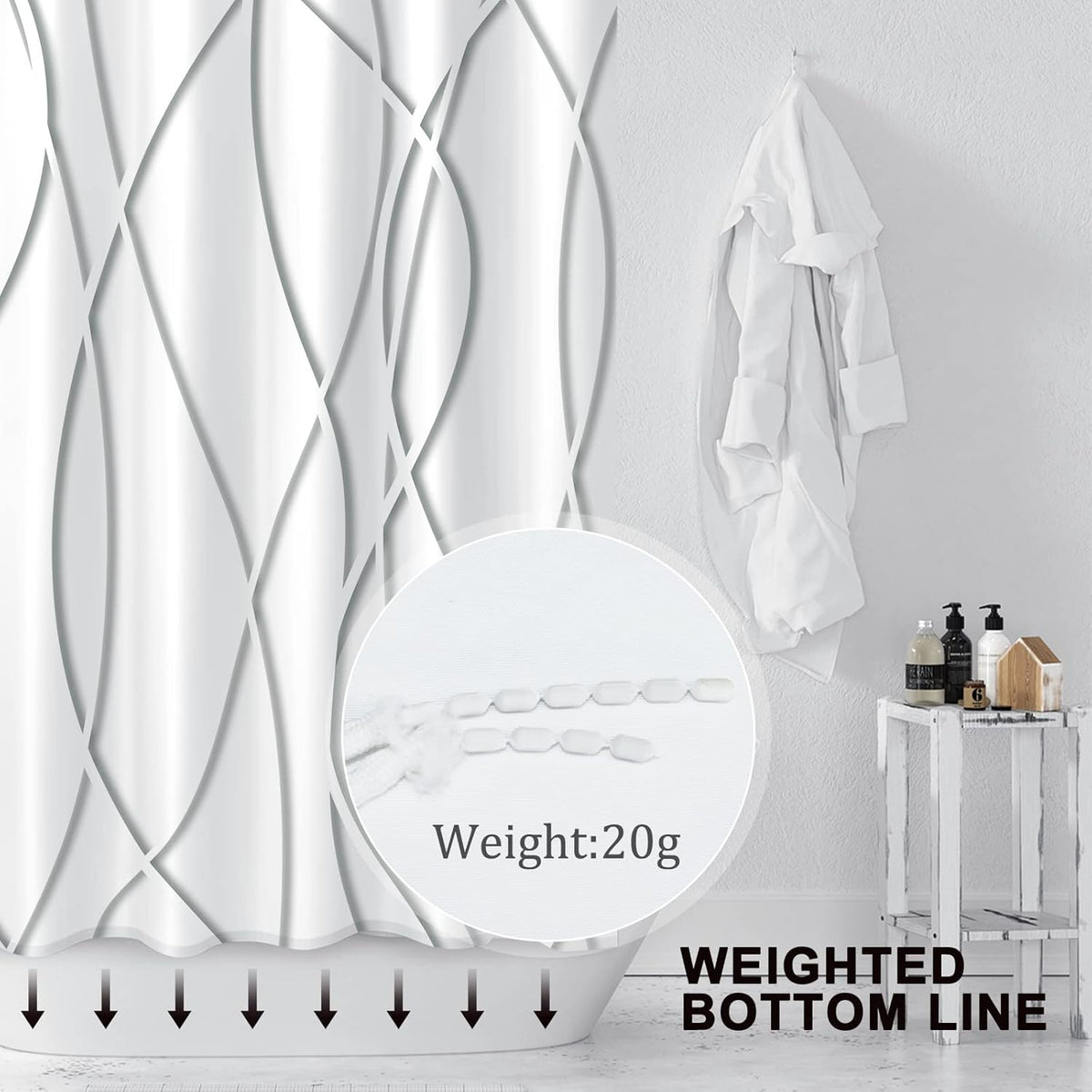 Striped Shower Curtain for Bathroom, Grey White, 72" W x 72" L