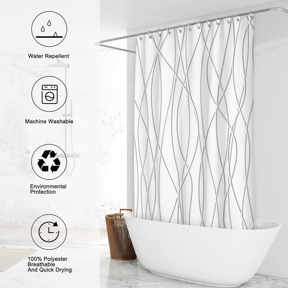 Striped Shower Curtain for Bathroom, Grey White, 72" W x 72" L