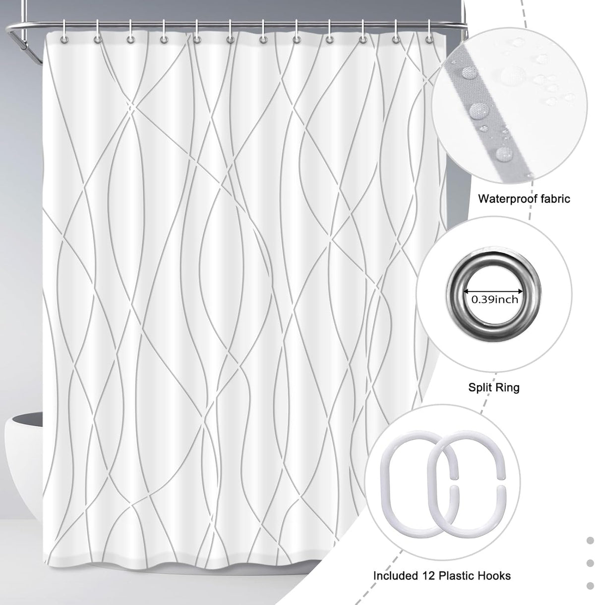 Striped Shower Curtain for Bathroom, Grey White, 72" W x 72" L