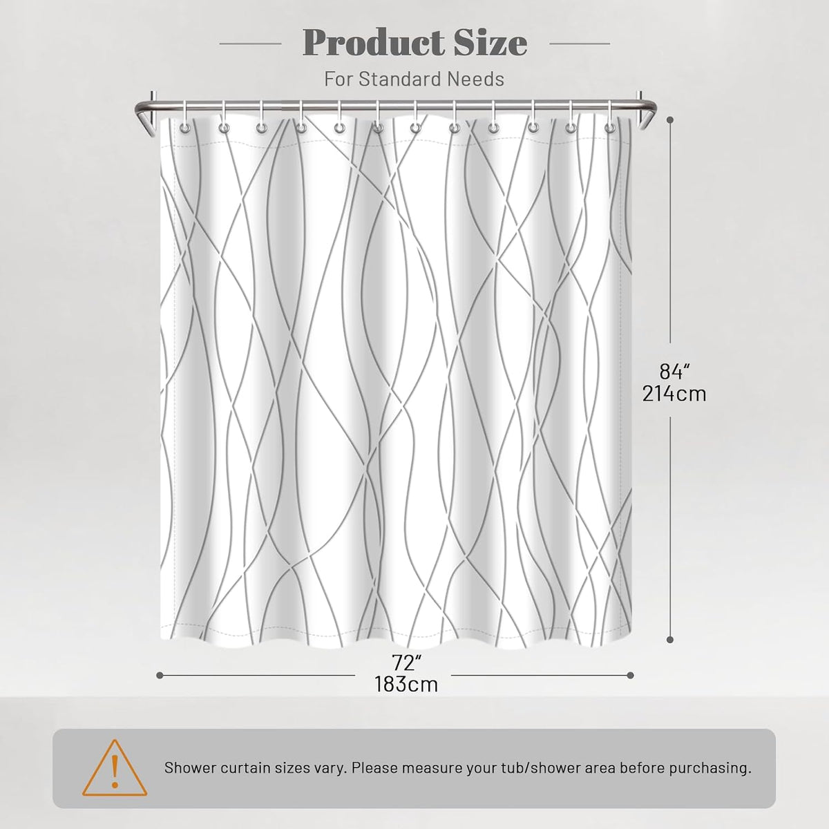 Striped Shower Curtain for Bathroom, Grey White, 72" W x 72" L