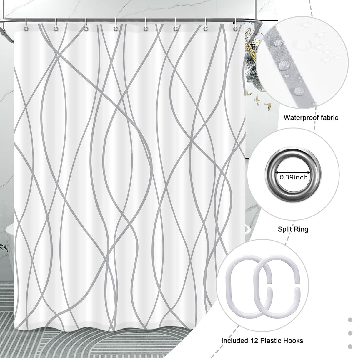 Striped Shower Curtain for Bathroom, Grey White, 72" W x 72" L