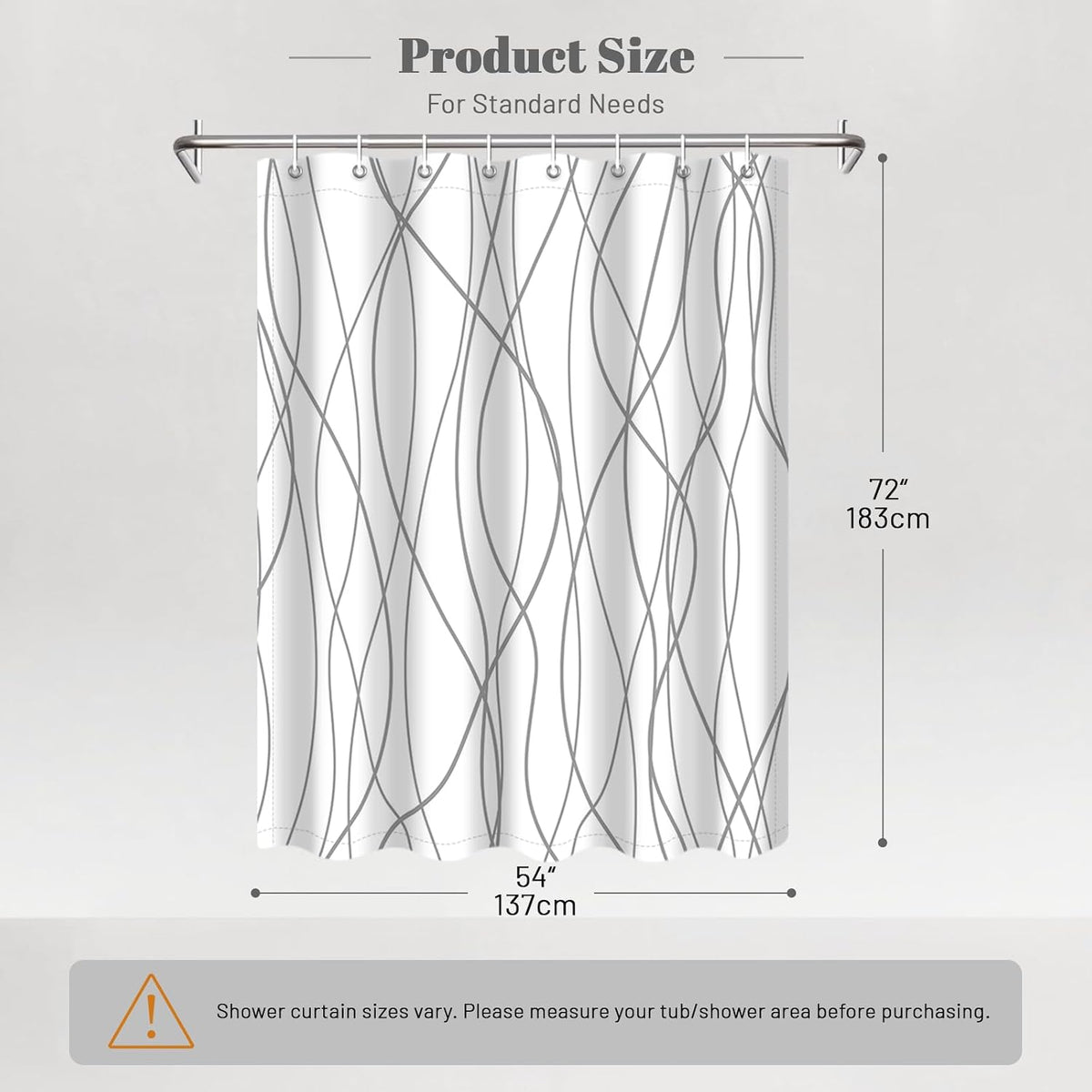 Striped Shower Curtain for Bathroom, Grey White, 72" W x 72" L
