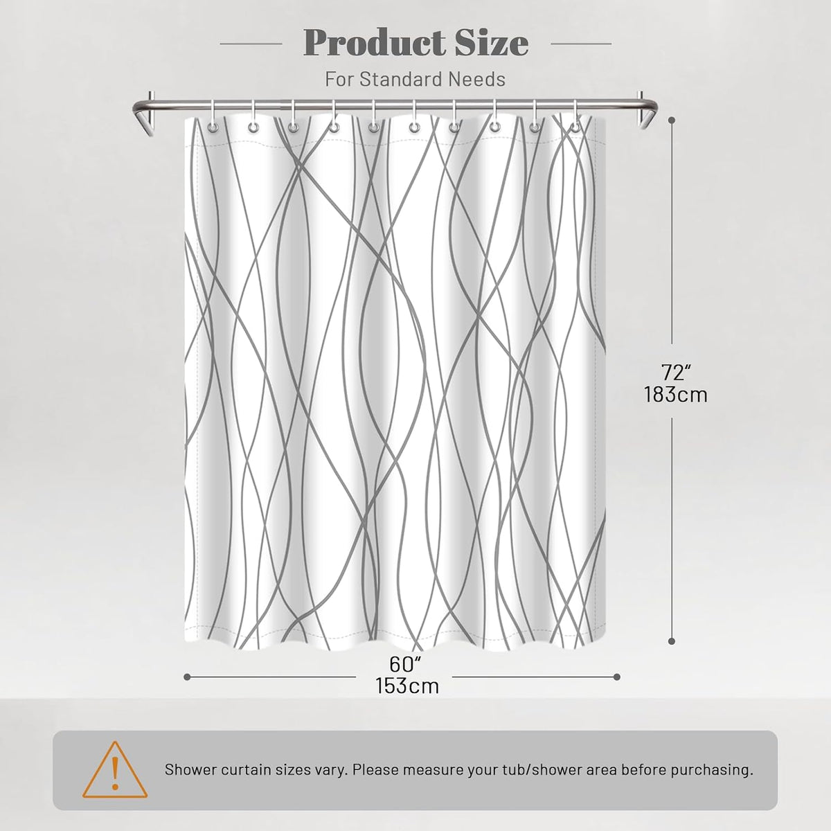 Striped Shower Curtain for Bathroom, Grey White, 72" W x 72" L