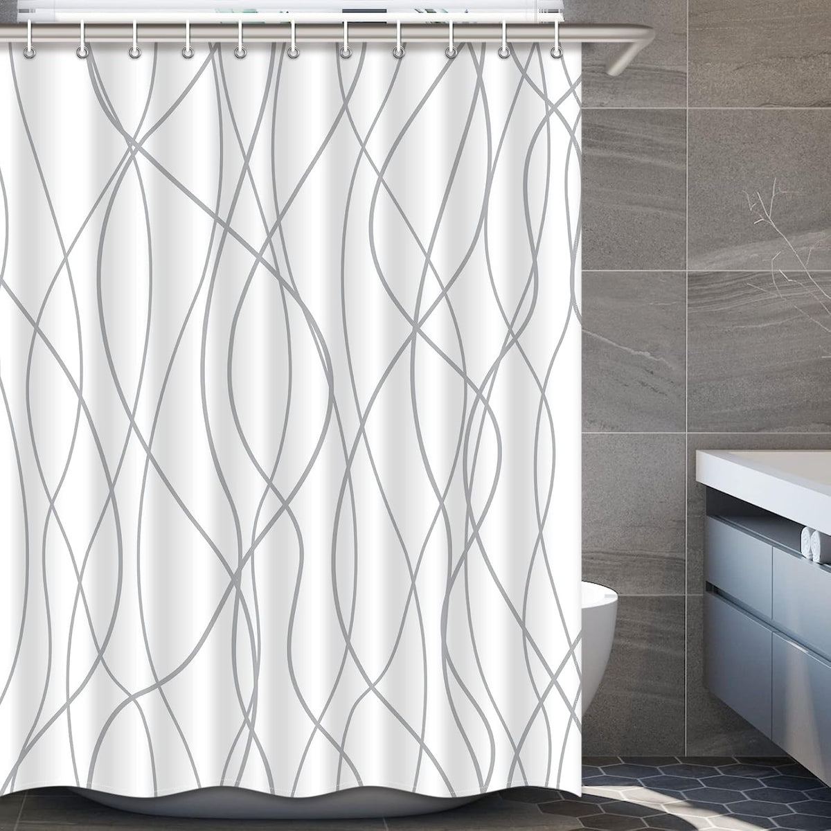 Striped Shower Curtain for Bathroom, Grey White, 72" W x 72" L