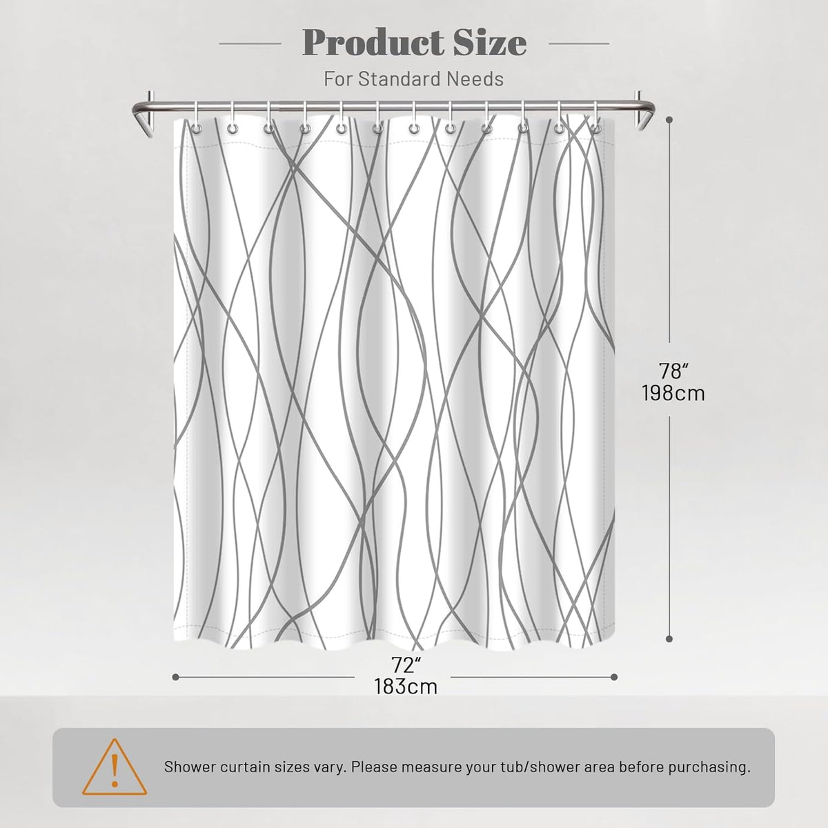 Striped Shower Curtain for Bathroom, Grey White, 72" W x 72" L