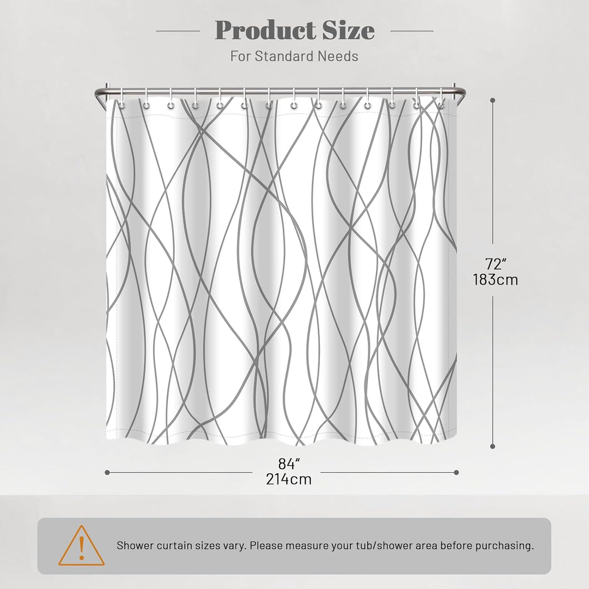 Striped Shower Curtain for Bathroom, Grey White, 72" W x 72" L