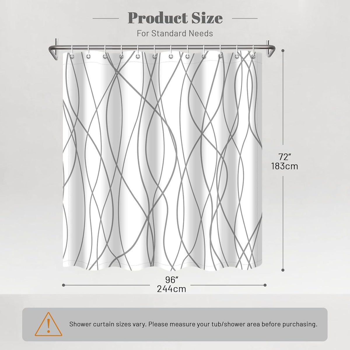 Striped Shower Curtain for Bathroom, Grey White, 72" W x 72" L