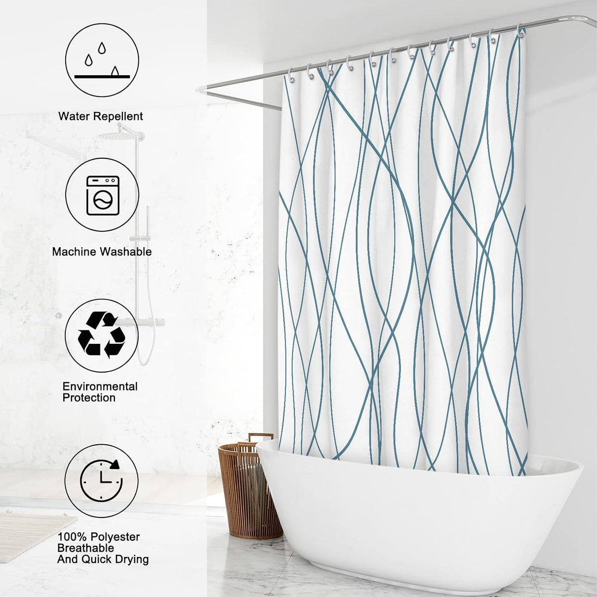 Striped Shower Curtain for Bathroom, Grey White, 72" W x 72" L